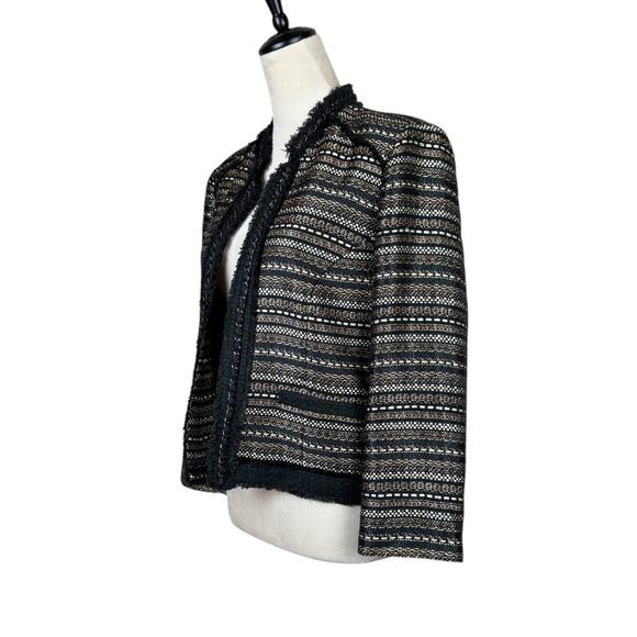 Chico's Sz 1 US 8 Royal Tweed Black Gold Metallic Fringe Trim Open Jacket Blazer - Picture 3 of 14